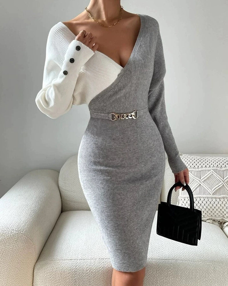 Women’s Midi Dress – Slim Fit – Ribbed Knit – Asymmetrical Sleeve