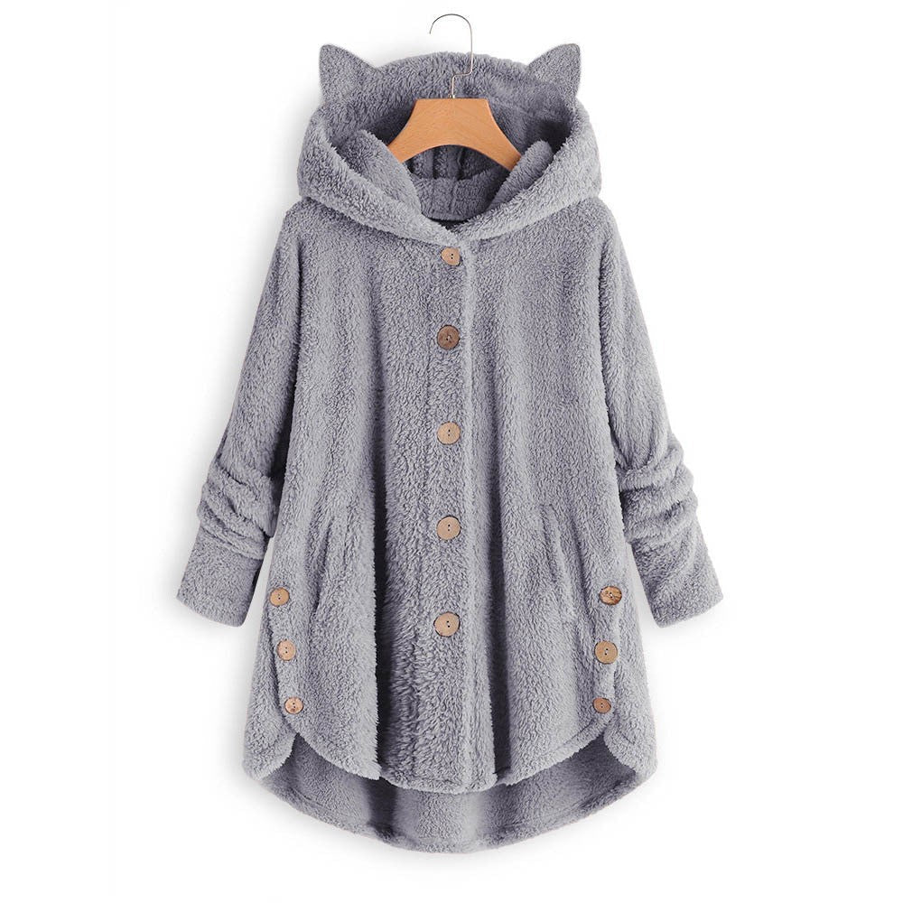 Women’s Hooded Coat – Plush Fabric – Oversized Fit – Cat Ear Hood – Button Front