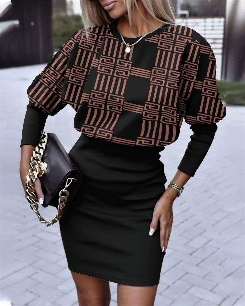 Women’s Mini Dress – Geometric Print Top – Slim Fit Skirt – Long Sleeve – Round Neck