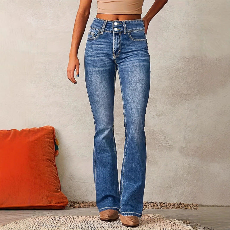 Women’s Flared Jeans – High Waist Stretch Denim – Vintage Seams – Full Length Fit
