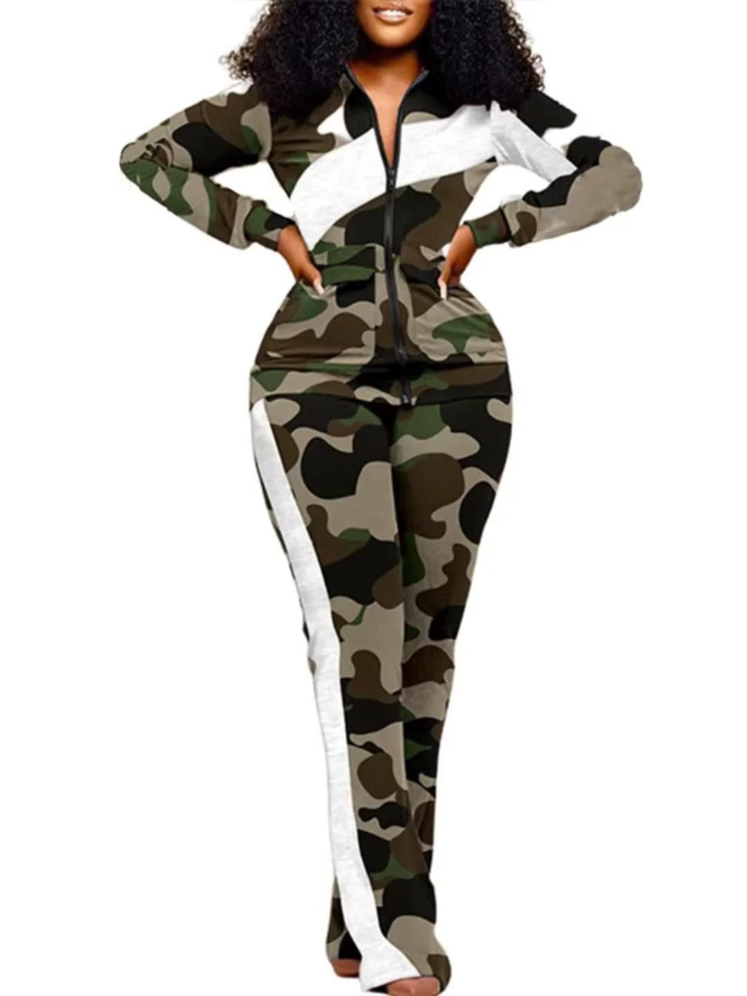 Women’s Two-Piece Trousers Suit – Slim Fit – Animal Print – Zip Jacket – Stretch Fabric