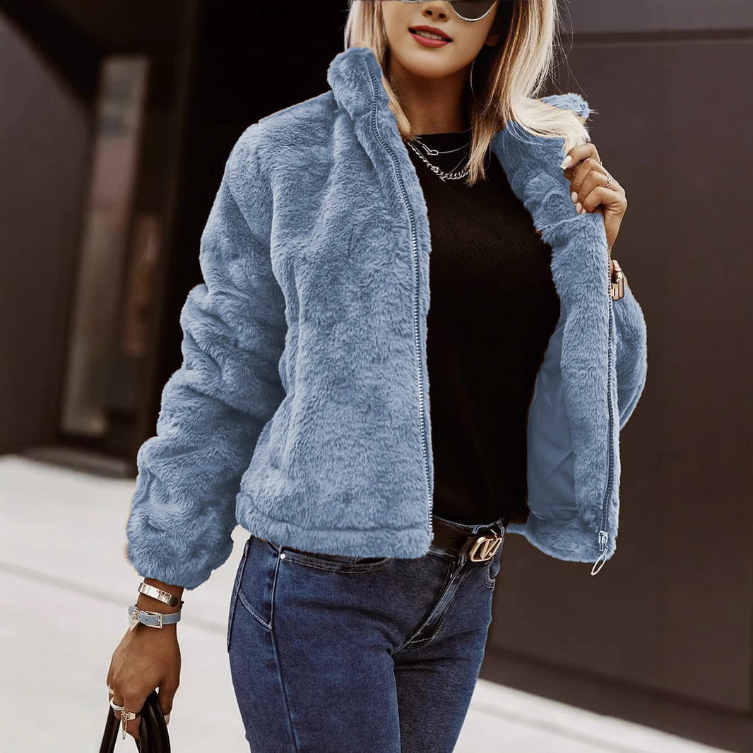 Women’s Faux Fur Coat – Oversized Fit – High Collar – Zipper Front – Plush Texture