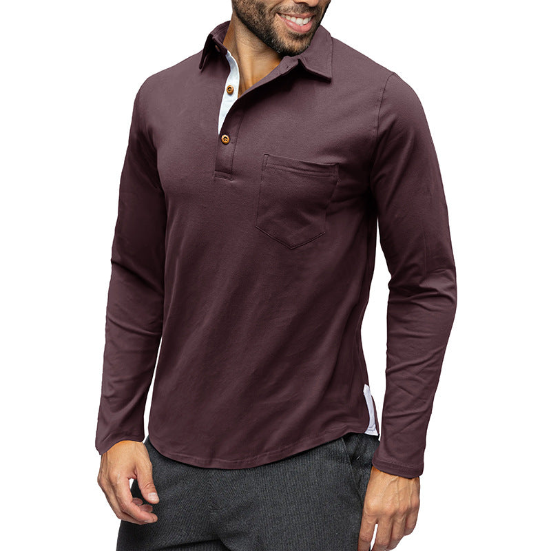 Men’s Polo Shirt – Cotton – Slim Fit – Long Sleeve – Chest Pocket – Button Placket