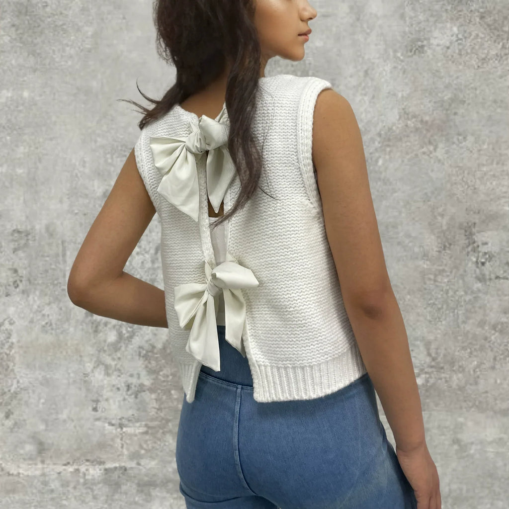 Women’s Knitted Vest Cardigan – Wool Blend – Relaxed Fit – Sleeveless Bow Back
