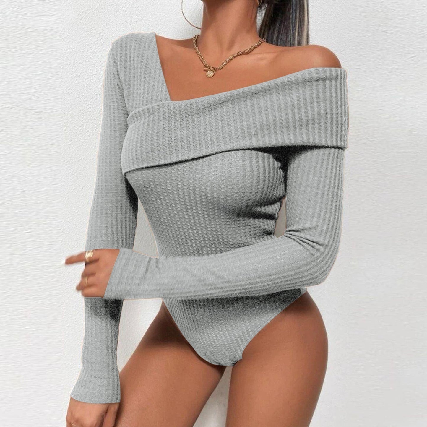 Calypso® | Women Spring Summer Solid Color Knitted Off Shoulder Long Sleeve Casual Jumpsuit Blouse