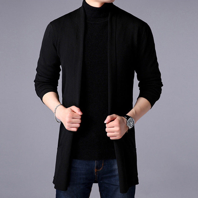 Men’s Long Cardigan – Knitted – Relaxed Fit – Open Front – Ribbed Trim – Casual Layer
