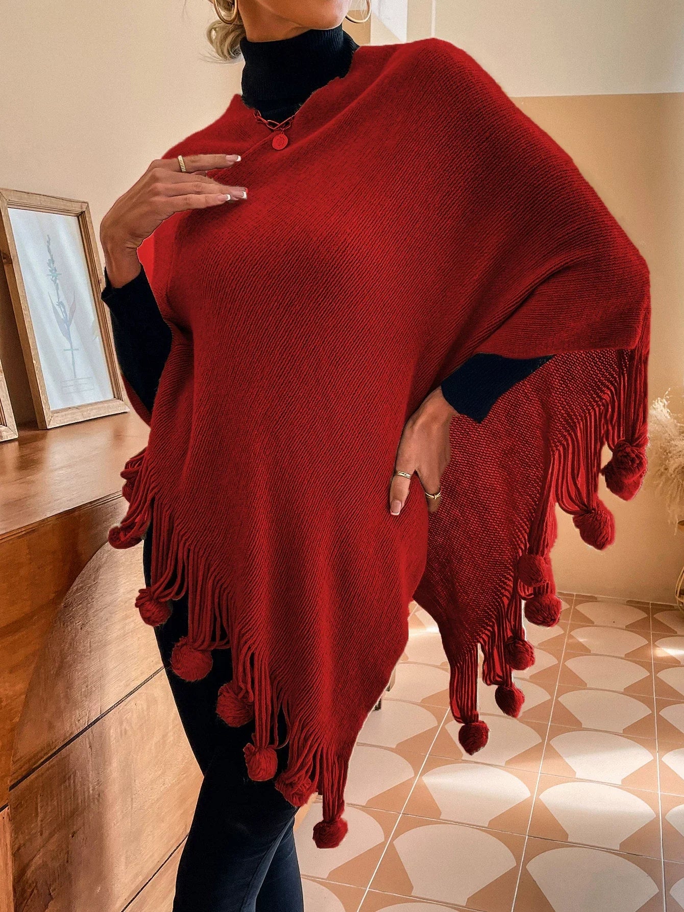 Women’s Shawl Sweater Cape – Knitted Cotton Blend – Relaxed Fit – Tassel Fringe Pom-Poms