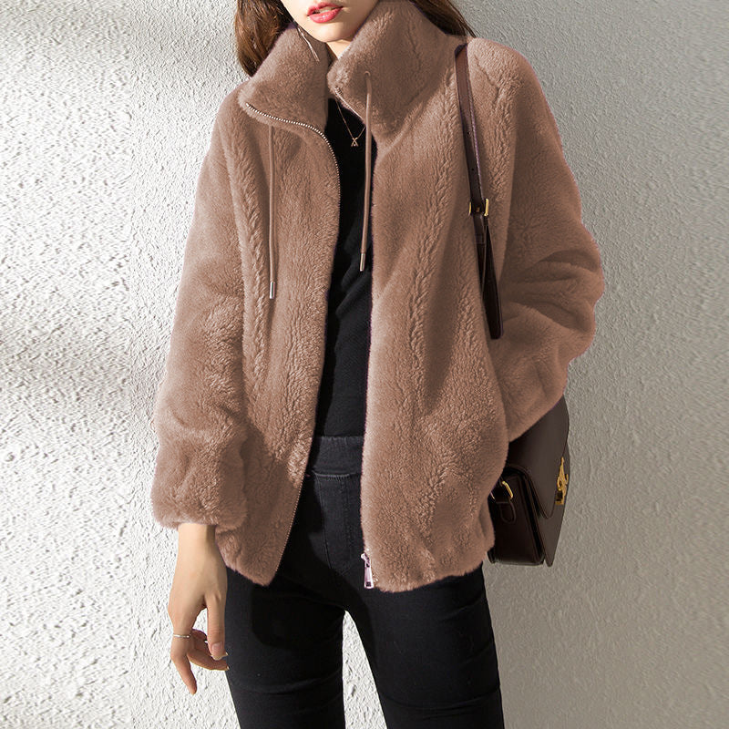 Women’s Bomber Jacket – Plush Fleece – Relaxed Fit – Stand Collar – Zip Front Closure