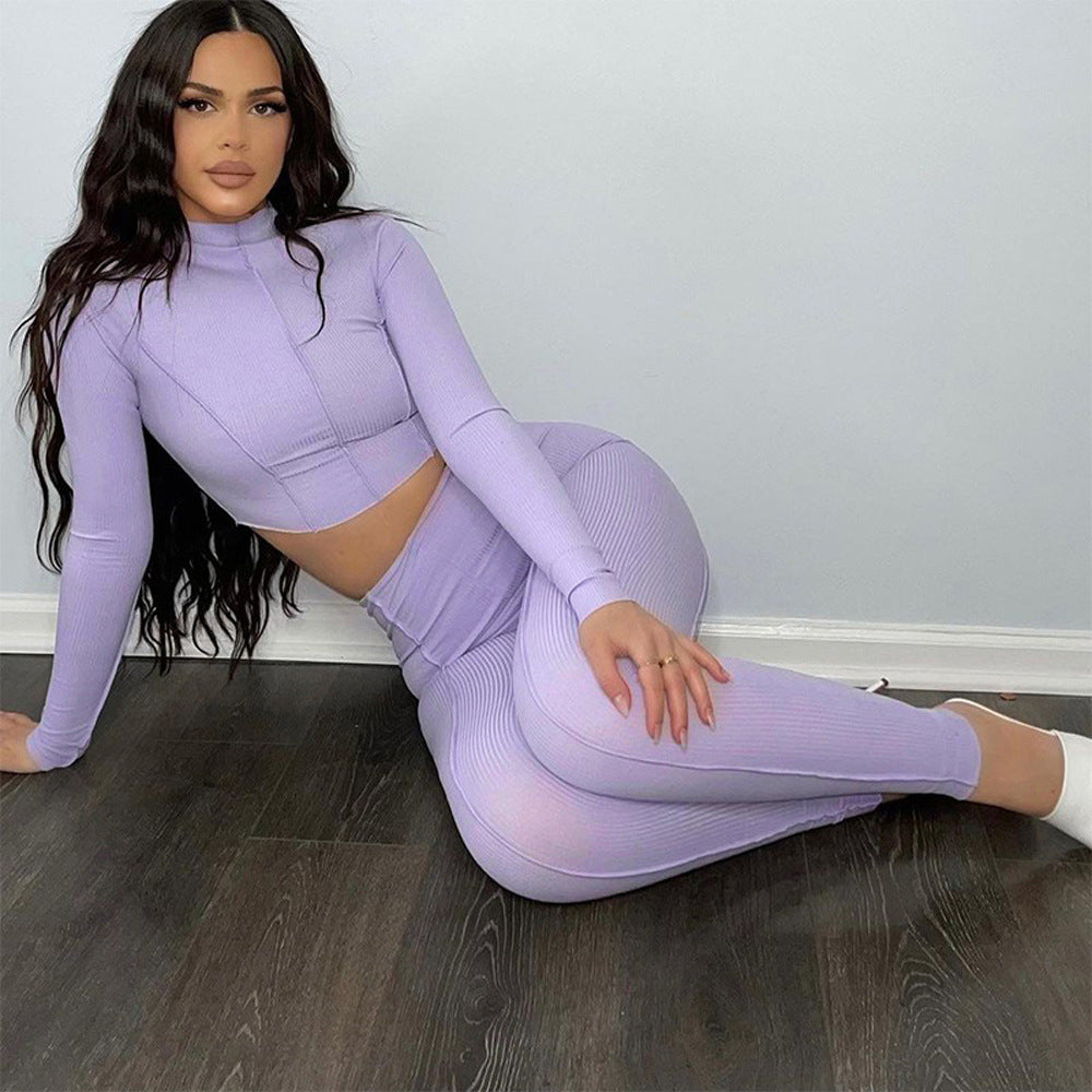 Women’s Athleisure Set – Ribbed Knit – Slim Fit – Long Sleeve Crop Top & Leggings