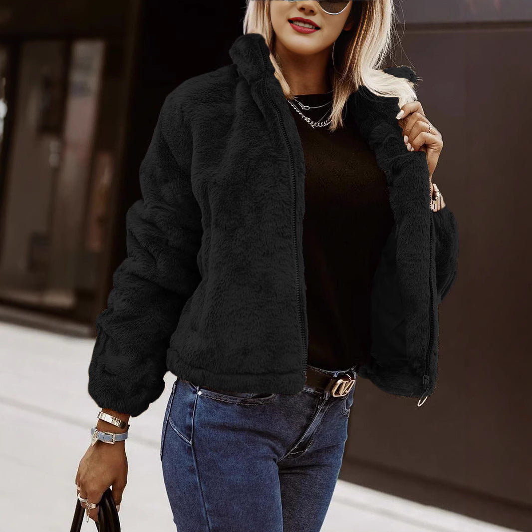 Women’s Faux Fur Coat – Oversized Fit – High Collar – Zipper Front – Plush Texture