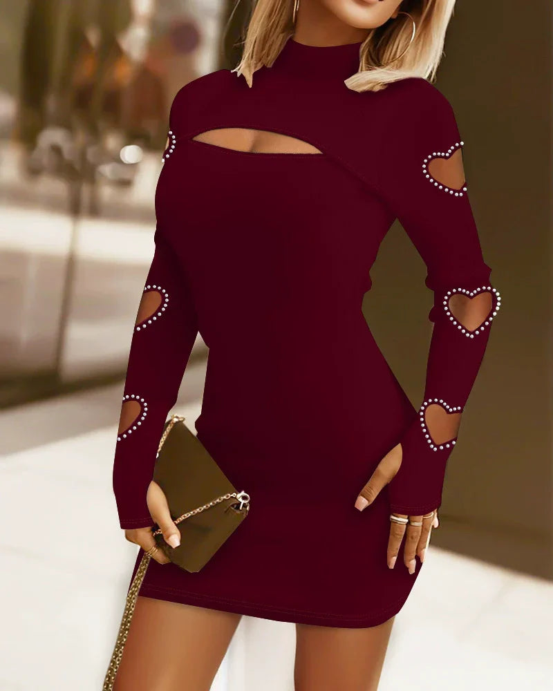 Women’s Sweater Dress – Slim Fit Ribbed Knit – High Neck – Lace Chest – Heart Cut-Out Sleeves