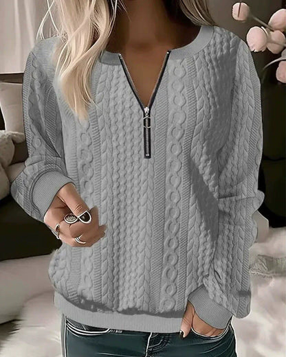 Women’s Zipper Sweatshirt – Cable Knit – Relaxed Fit – Ribbed Trim – Casual Wear