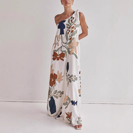 Katherine | Flowy Cotton One-Shoulder Dress – Loose Fit – Bold Print