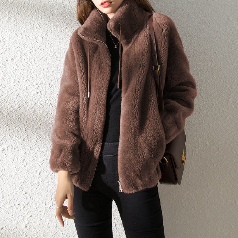 Women’s Bomber Jacket – Plush Fleece – Relaxed Fit – Stand Collar – Zip Front Closure