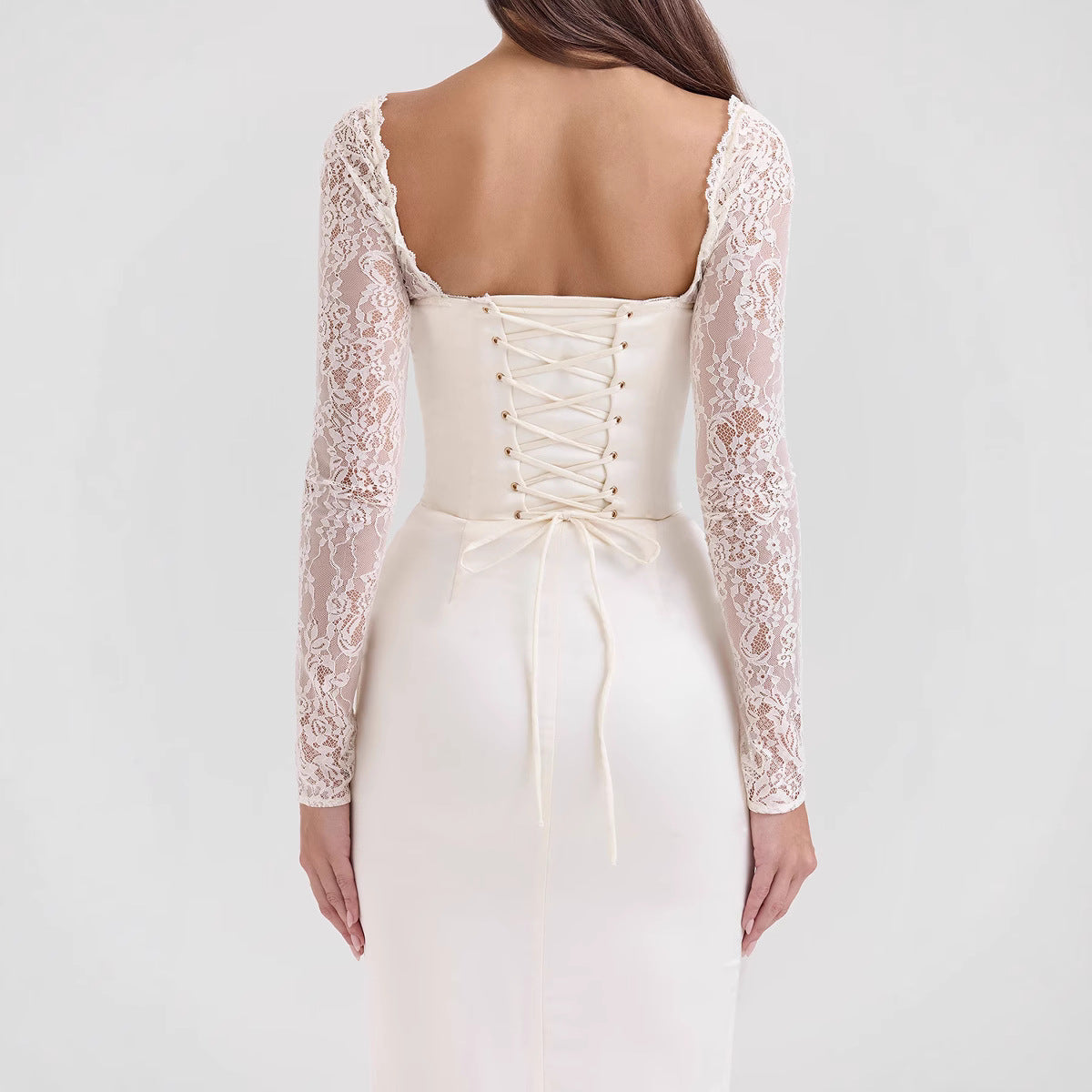 Regina | Women's Evening Long Dress - Bodycon - Lace Sleeves - Sweetheart Neckline