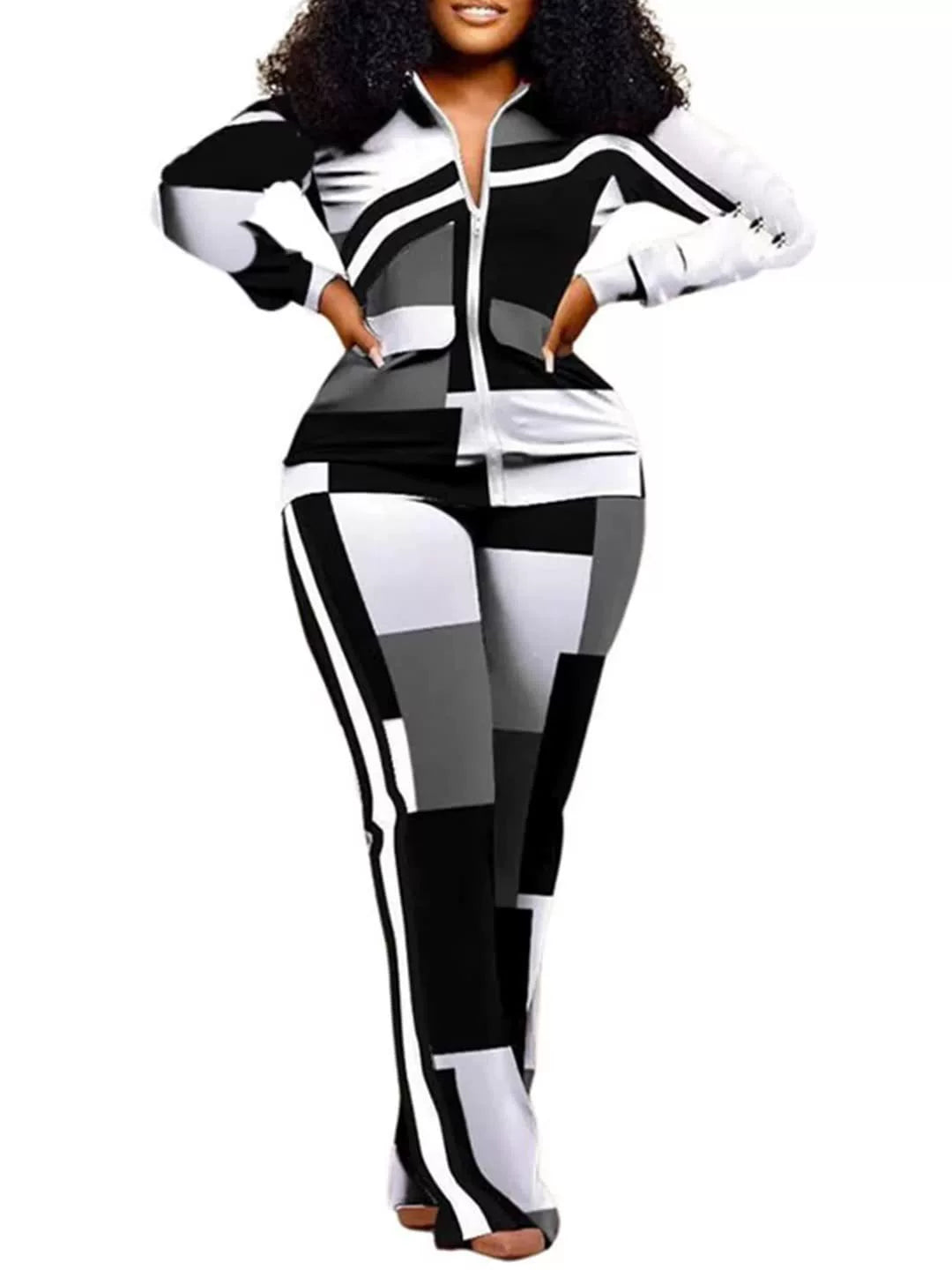 Women’s Two-Piece Trousers Suit – Slim Fit – Animal Print – Zip Jacket – Stretch Fabric