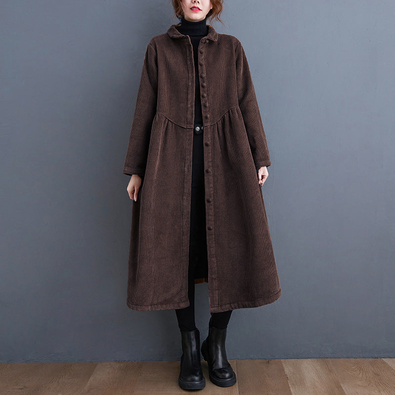 Women’s Long Coat – Corduroy – A-Line Loose Fit – Button Front – Midi Length