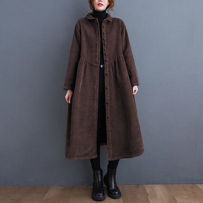 Women’s Long Coat – Corduroy – A-Line Loose Fit – Button Front – Midi Length