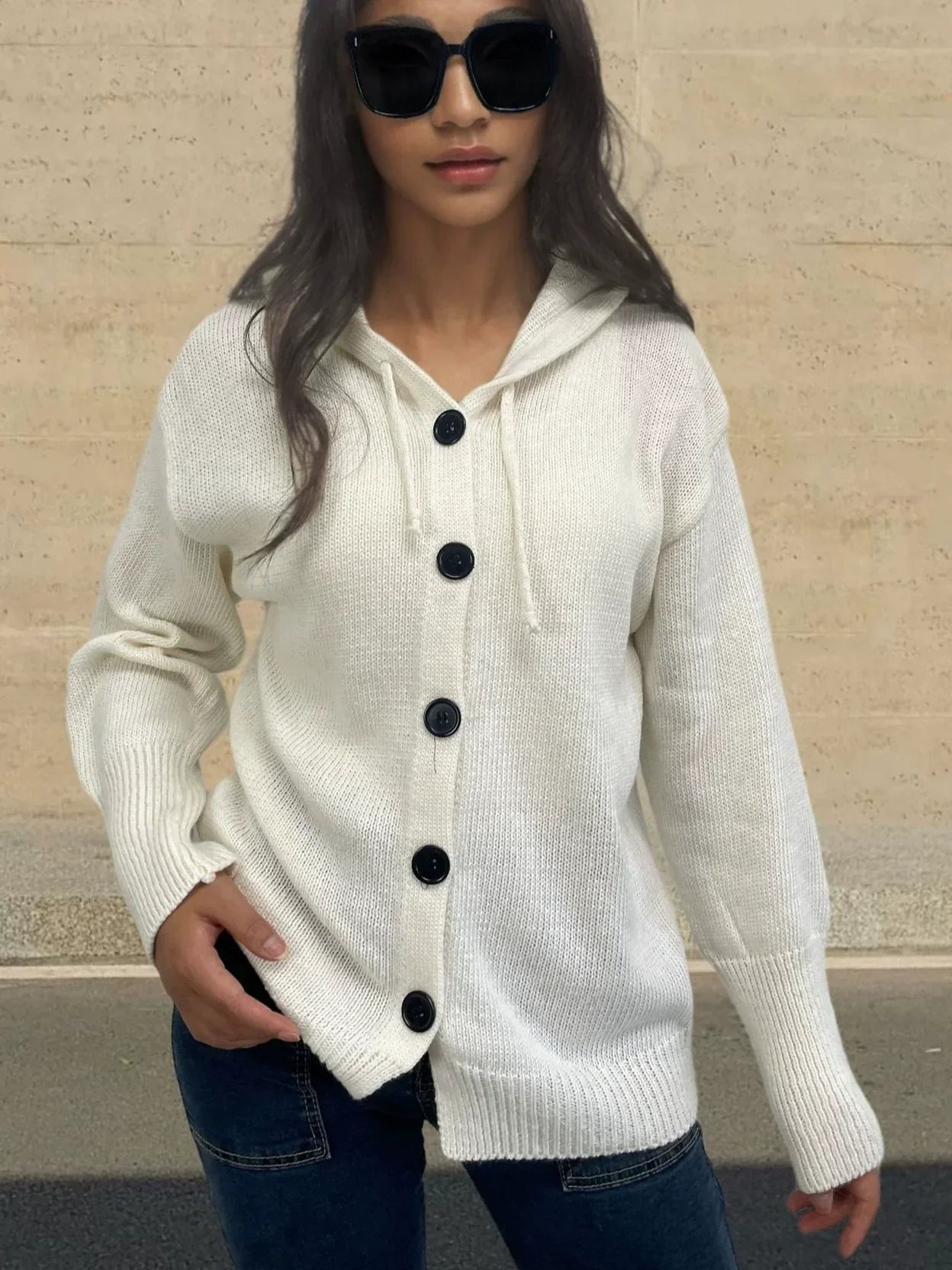 Women’s Hooded Sweater – Knit Fabric – Relaxed Fit – Button Front – Ribbed Trim
