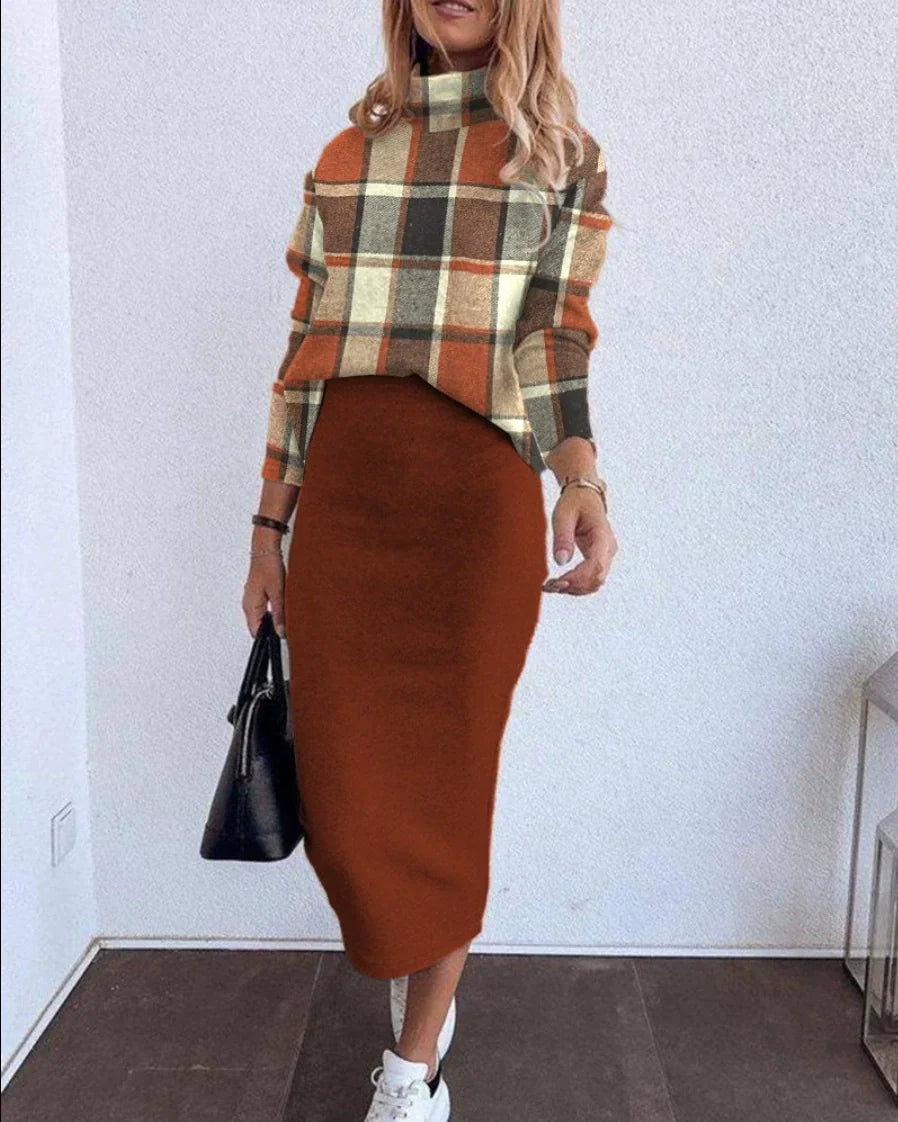 Women’s Two-Piece Suit – Relaxed Fit – Long Sleeve Top and Midi Skirt – Geometric Print