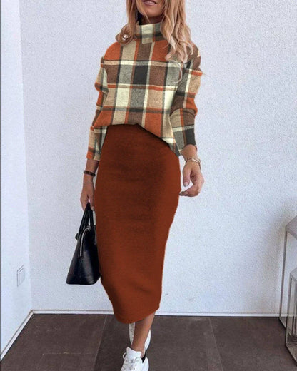 Women’s Two-Piece Suit – Relaxed Fit – Long Sleeve Top and Midi Skirt – Geometric Print