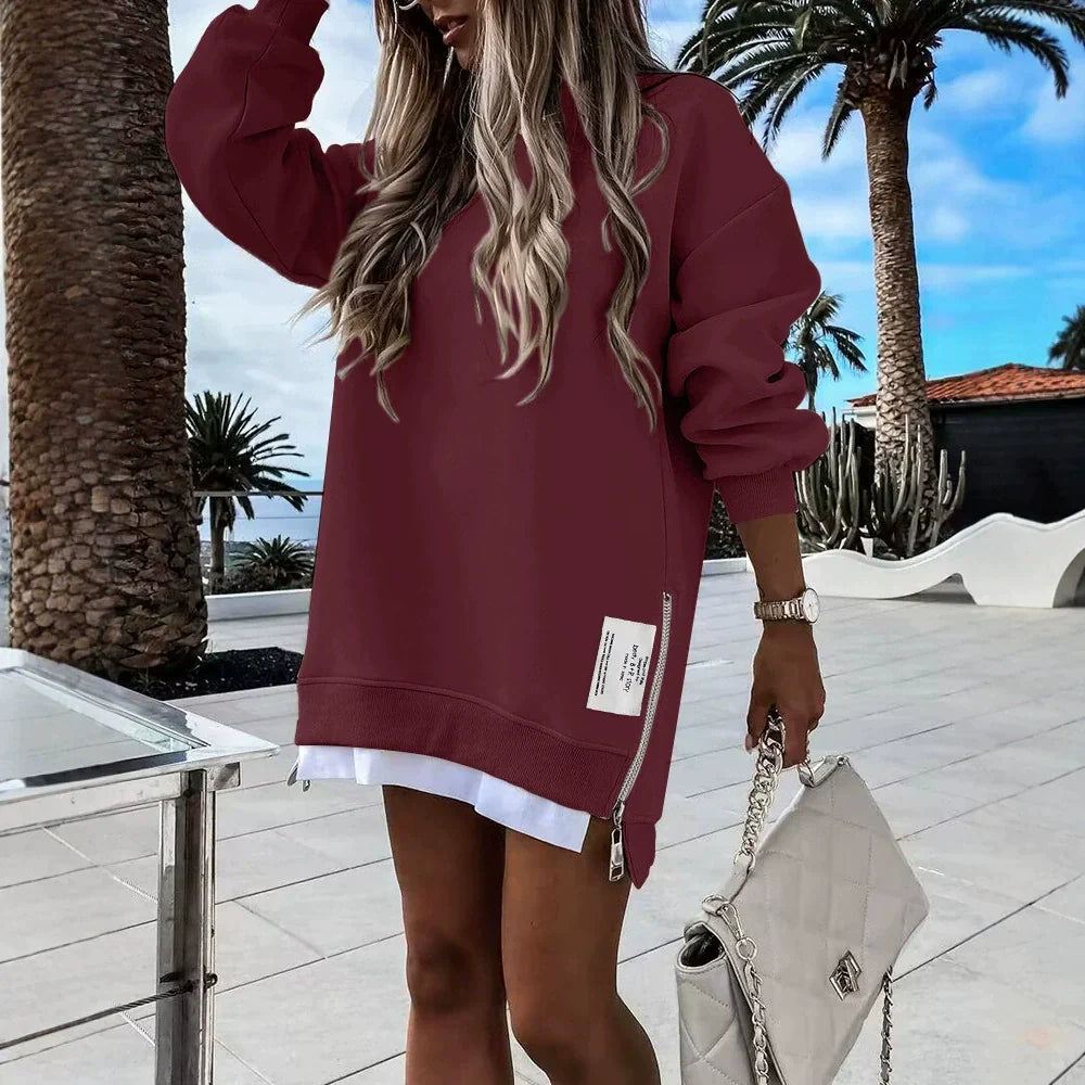 Women’s Sweatshirt Dress – Oversized Fit – Cotton Blend – Zipper Detail – Mini Length