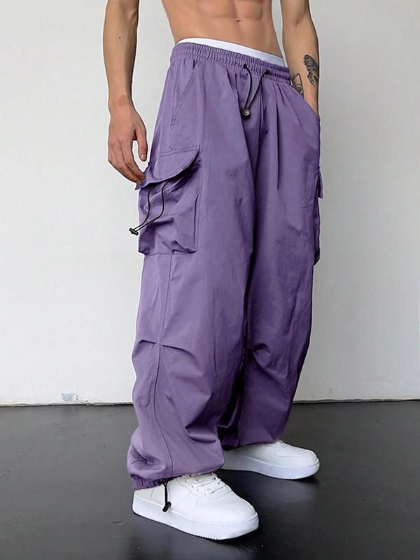 Men’s Cargo Pants – Relaxed Fit – Wide Leg – Cotton Woven – Elastic Hem – Drawstring Waist