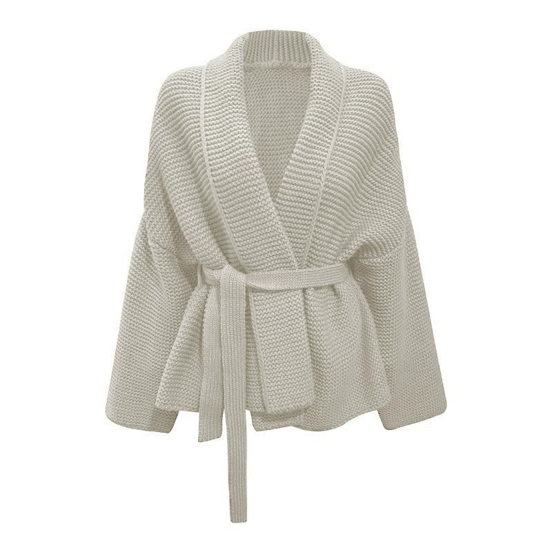 Women’s Cardigan – Chunky Knit – Oversized Fit – Waist Tie – Mid-Length Wool Layer