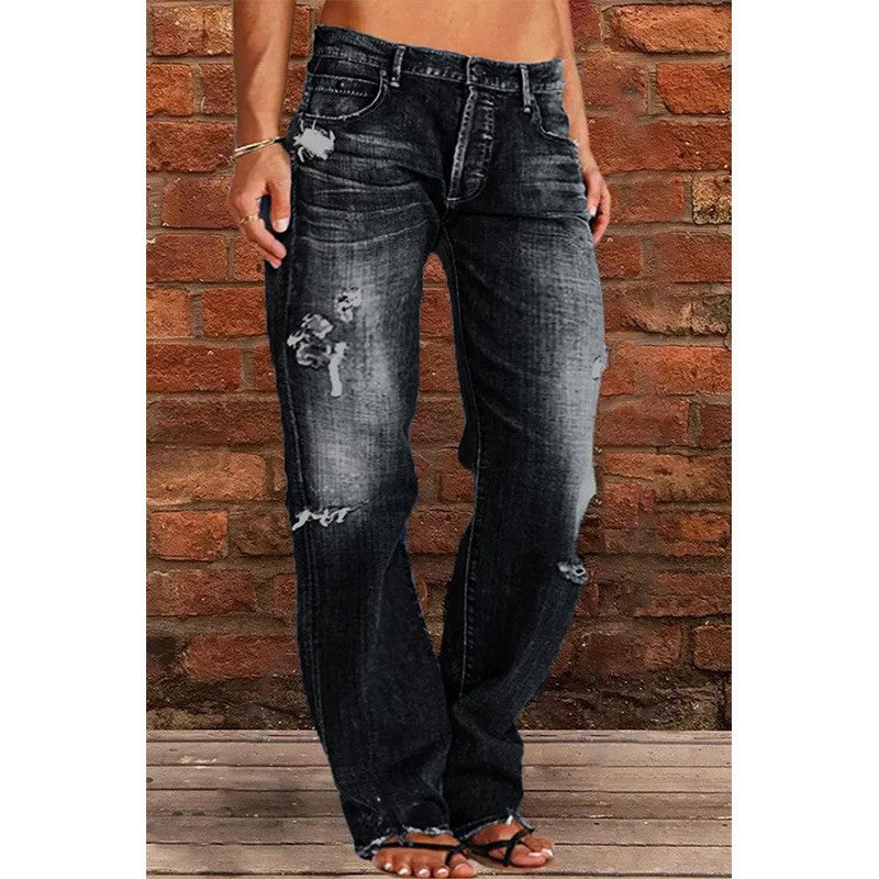 Women’s Jeans – High Waist – Relaxed Fit – Flared Leg – Distressed Raw Hem Denim