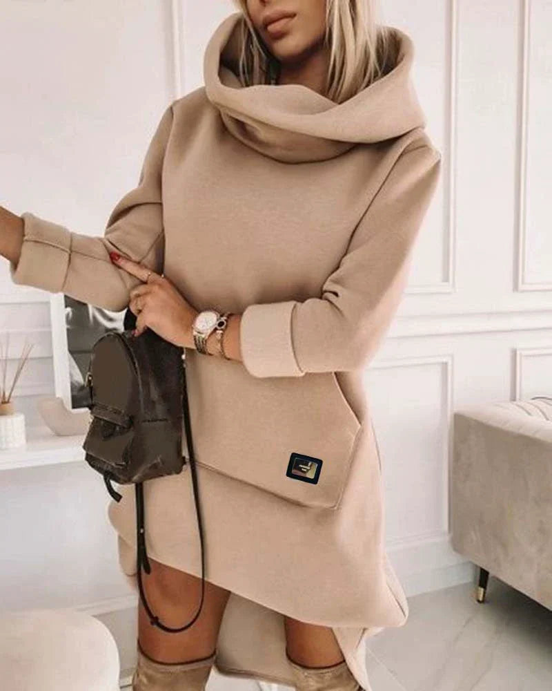 Women’s Hooded Sweatshirt – Soft Knit – Relaxed Fit – Turtleneck – Mid-Length Casual Wear