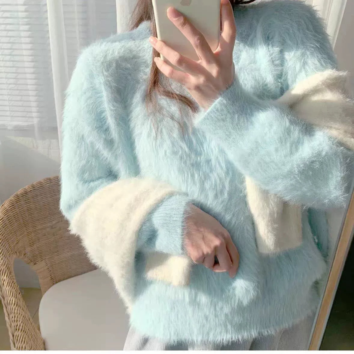 Women’s V-Neck Sweater – Fluffy Knit – Loose Fit – Ribbed Trim – Long Sleeve Casual Wear