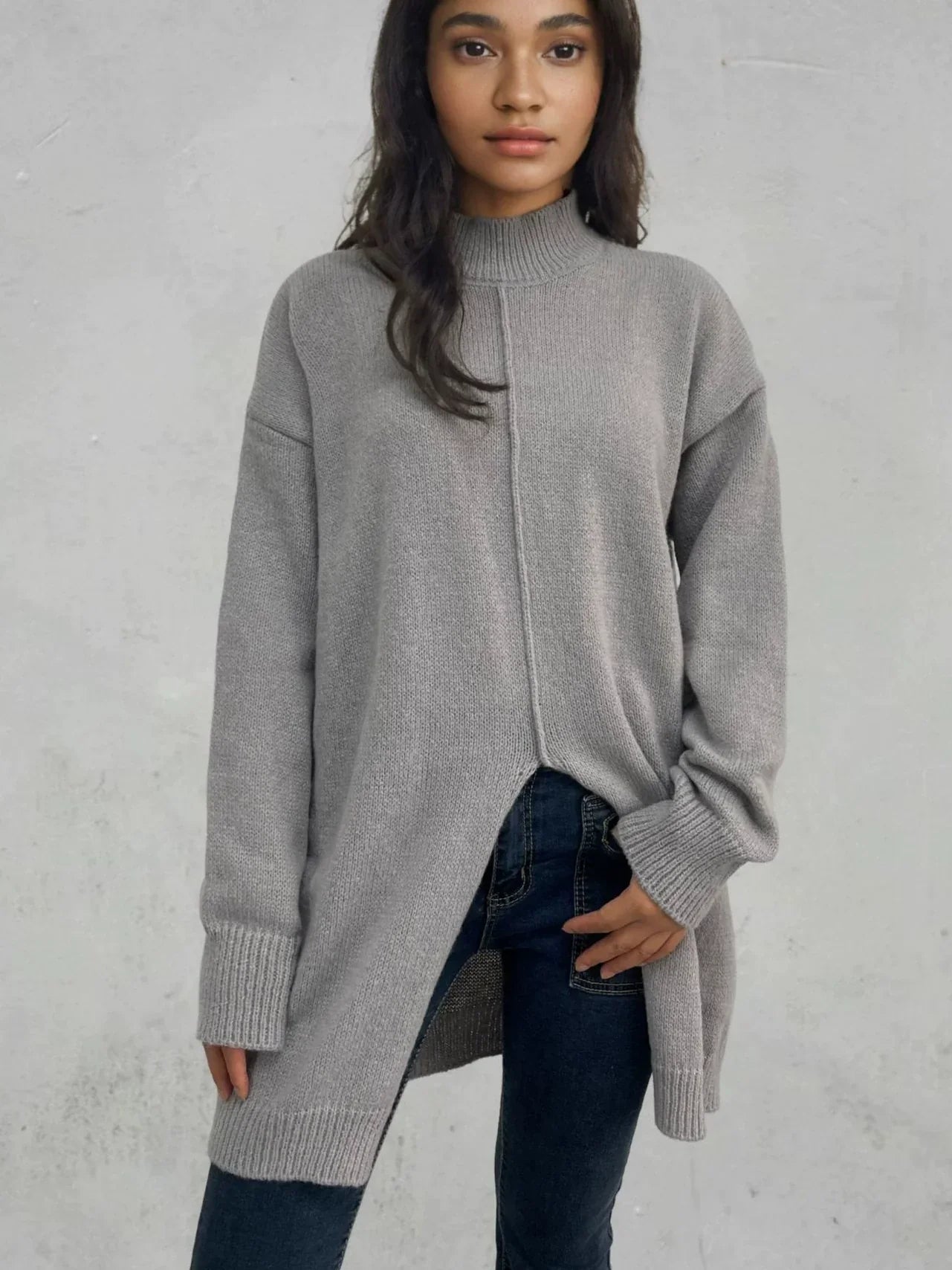 Women’s Pullover Sweater – Wool – Oversized Fit – Half Turtleneck – High Slit Hem