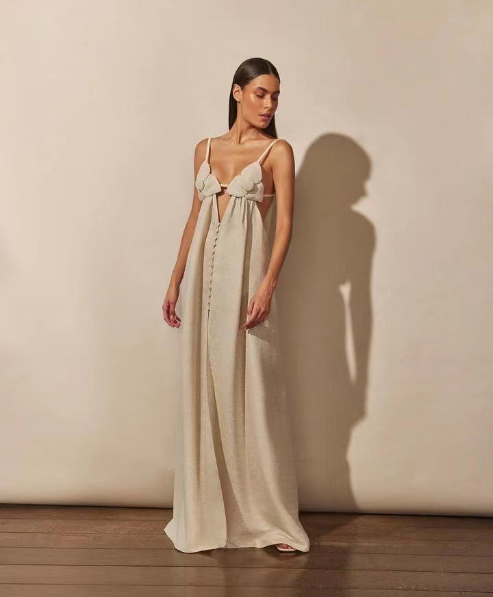 Cassandra® | Light blue maxi dress with a V-neck and a high floral slit