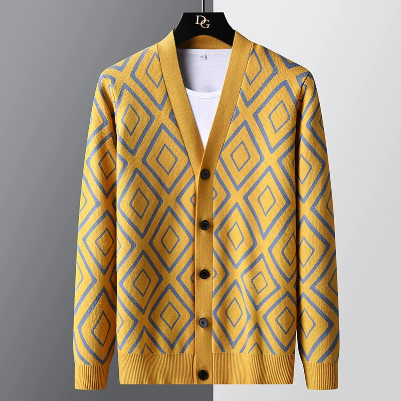 Men’s Cardigan Sweater – Slim Fit – Knitted Wool Blend – Jacquard – Button Front Layer