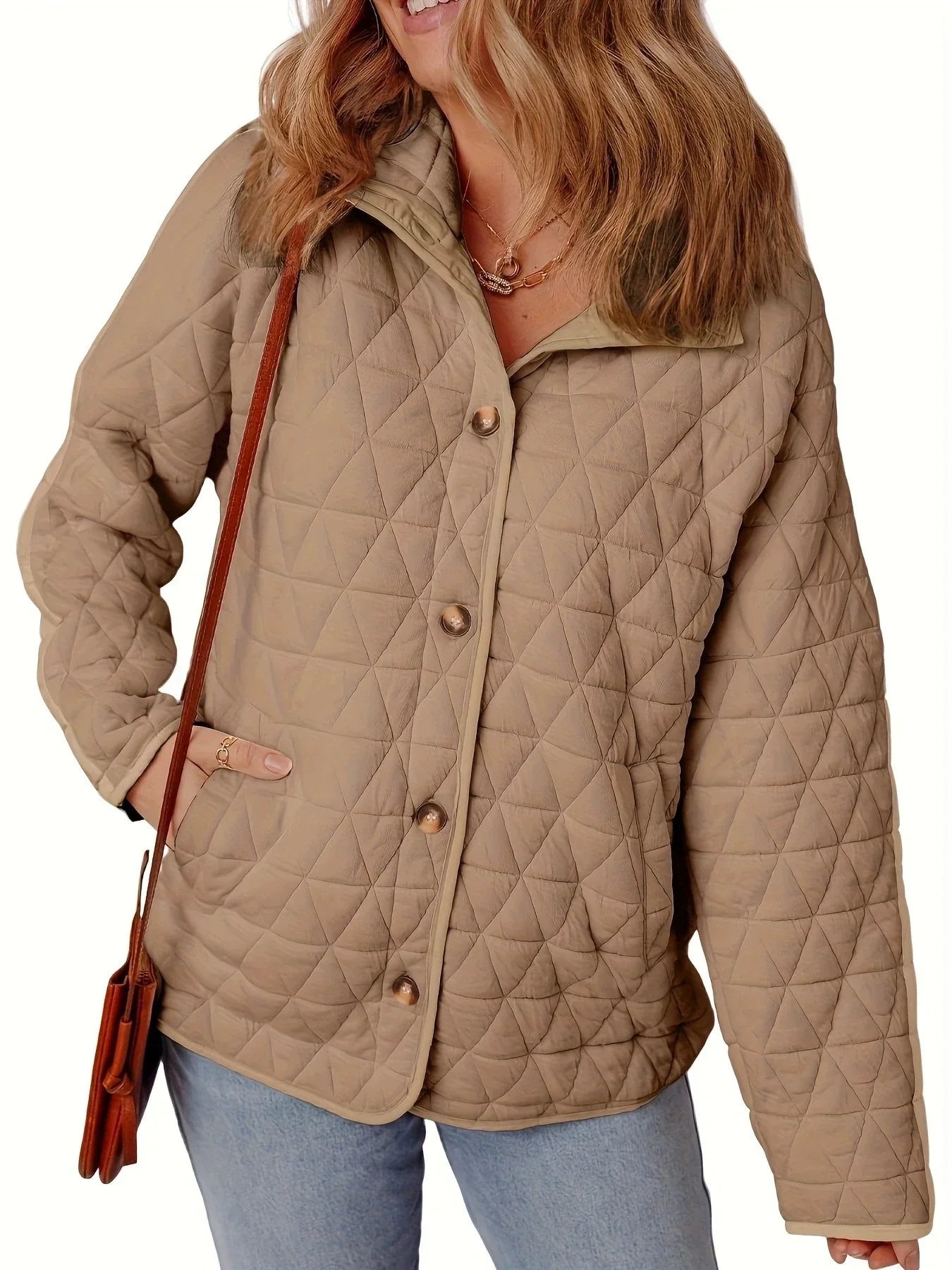 Women’s Quilted Coat – Cotton – Oversized Fit – Button Front – Mid Length