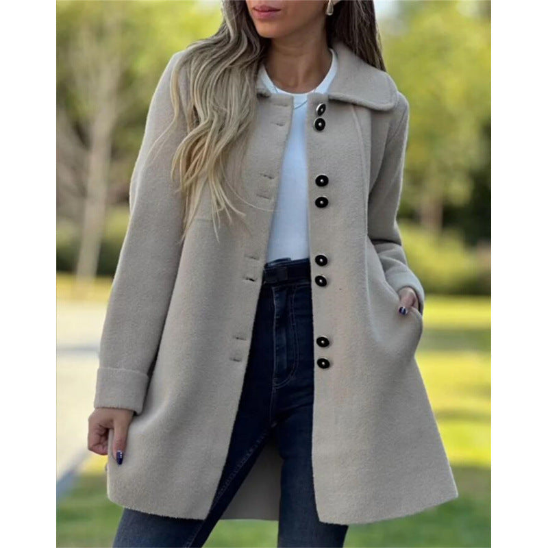 Women’s Wool Coat – Structured Fit – Broad Collar – Single Breasted – Mid Length