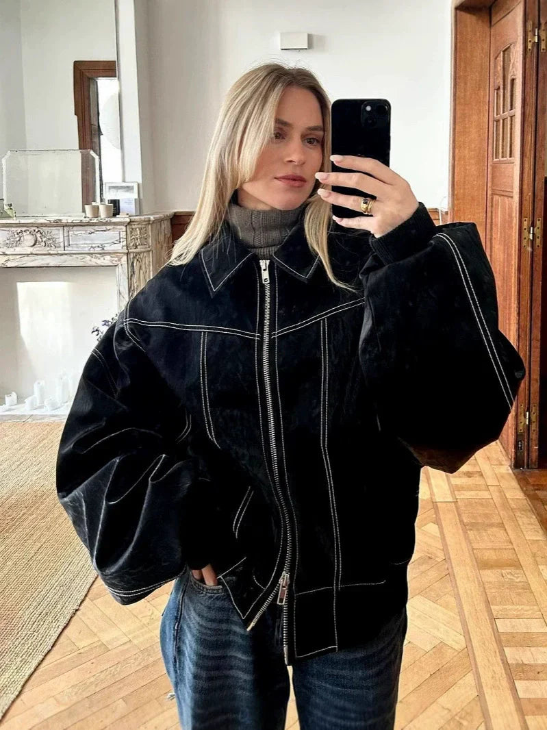 Women’s Oversized Jacket – Relaxed Fit – Contrast Stitching – Elastic Cuffs – Zip Front