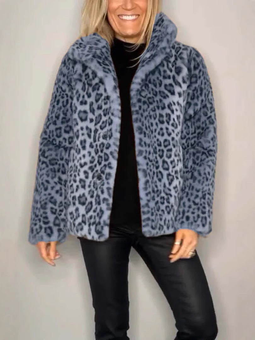 Women’s Coat – Faux Fur – Oversized Fit – Notched Collar – Leopard Print – Casual