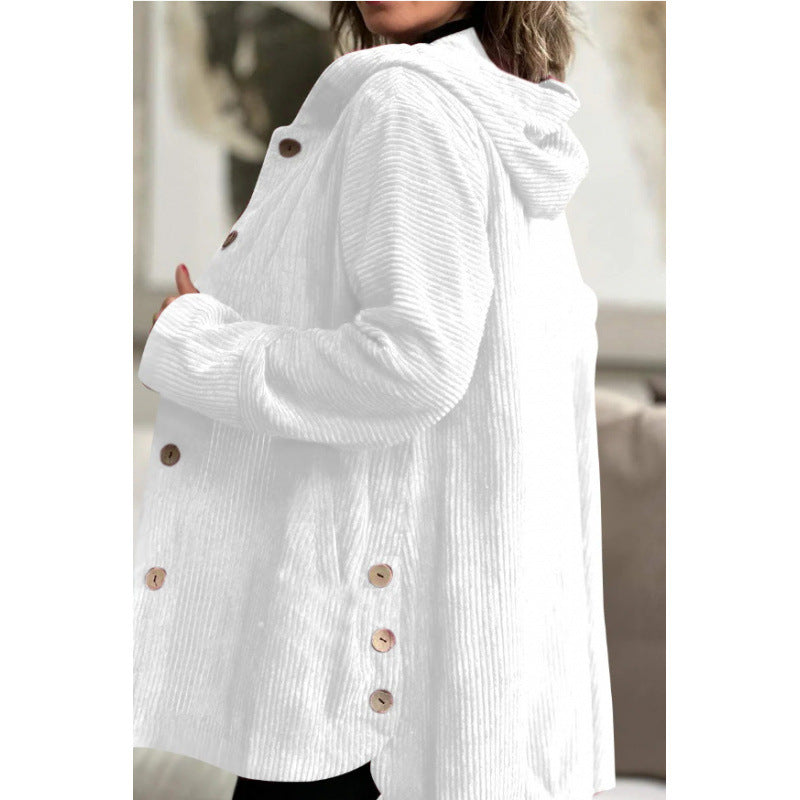 Women’s Hooded Jacket – Corduroy – Relaxed Fit – Mid-Length – Casual Style