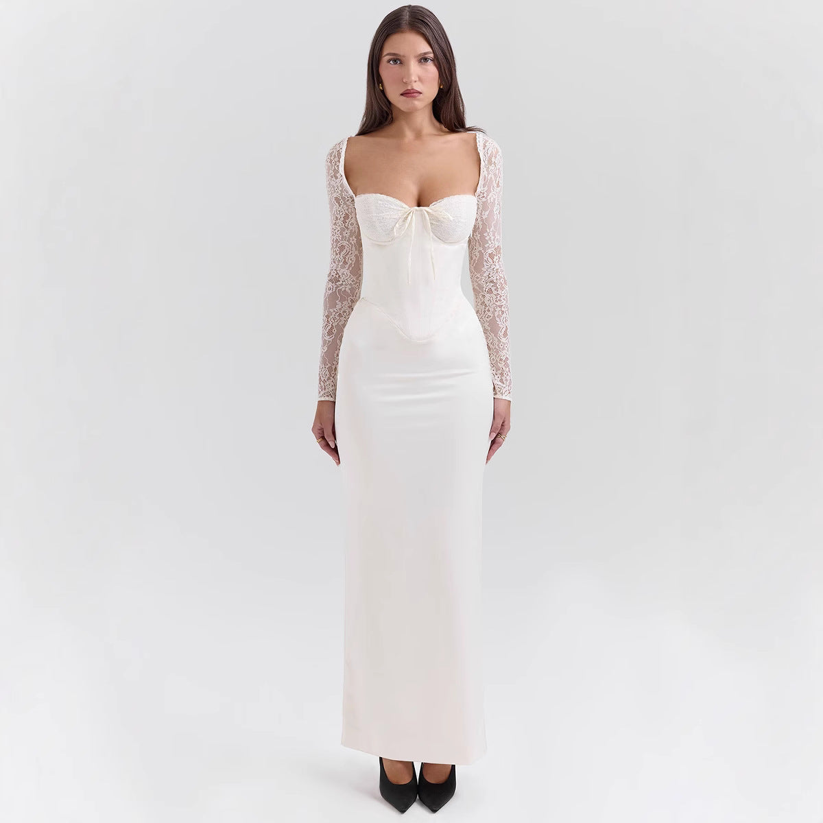 Regina | Women's Evening Long Dress - Bodycon - Lace Sleeves - Sweetheart Neckline