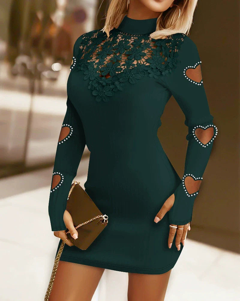 Women’s Sweater Dress – Slim Fit Ribbed Knit – High Neck – Lace Chest – Heart Cut-Out Sleeves