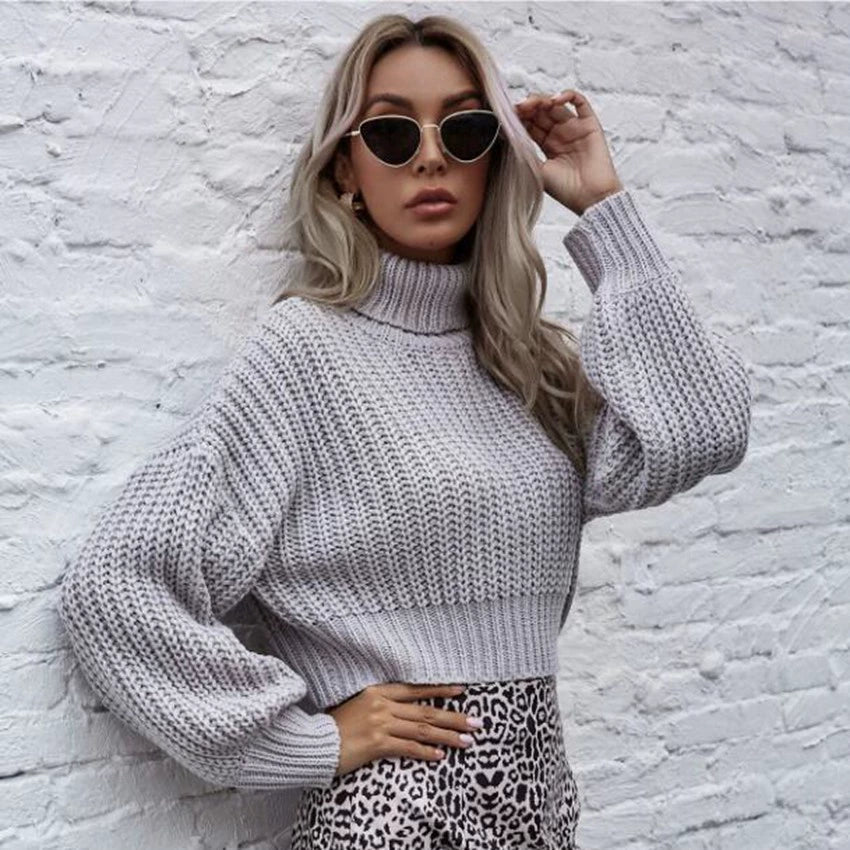 Women’s Knitted Sweater – Cropped Fit – Wool Blend – High Neck – Balloon Sleeves