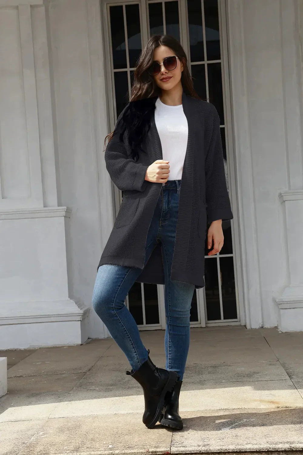 Women’s Cardigan – Relaxed Fit – Knitted Texture – Open Front – Mid-Length with Pockets