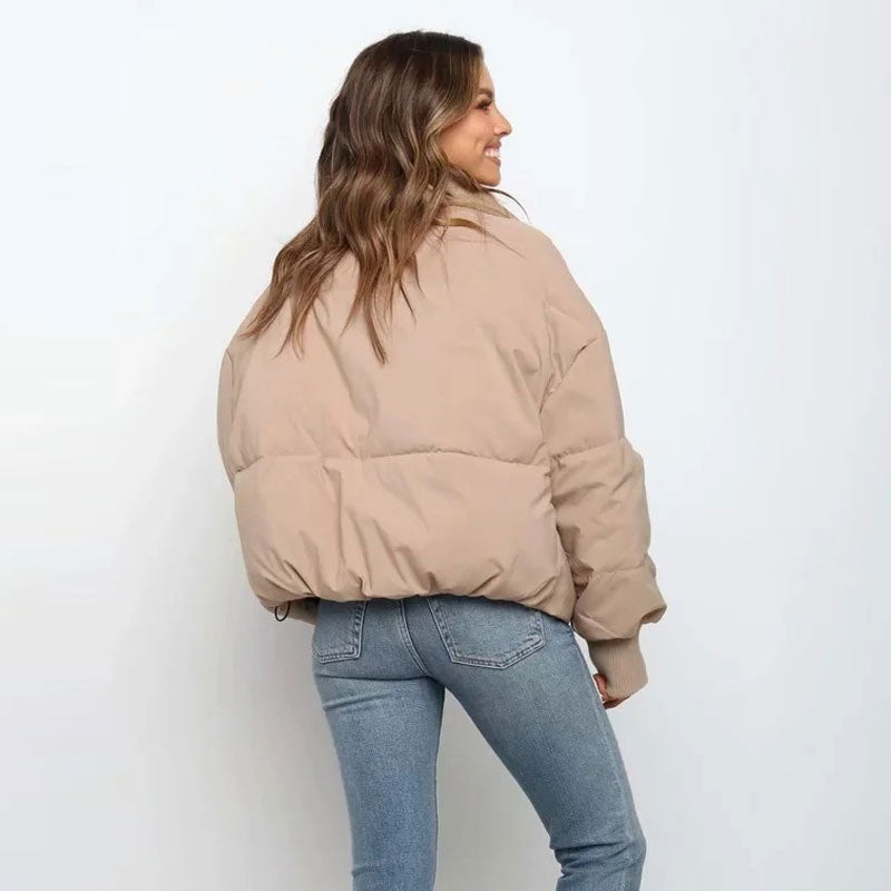 Women’s Puffer Jacket – Oversized Relaxed Fit – Quilted – Cropped – Full Zip Stand Collar