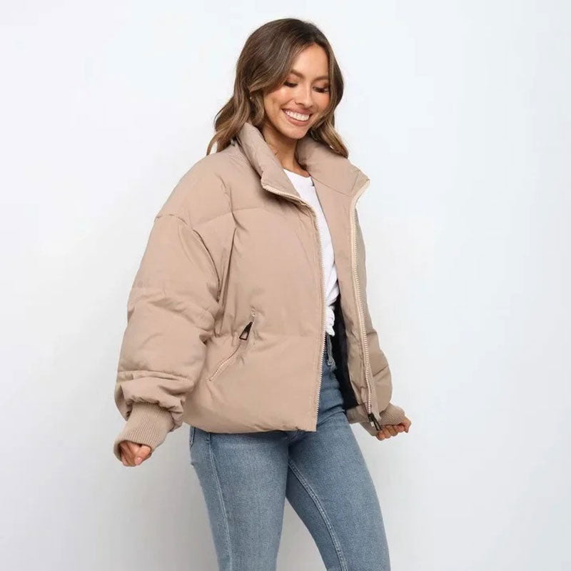 Women’s Puffer Jacket – Oversized Relaxed Fit – Quilted – Cropped – Full Zip Stand Collar