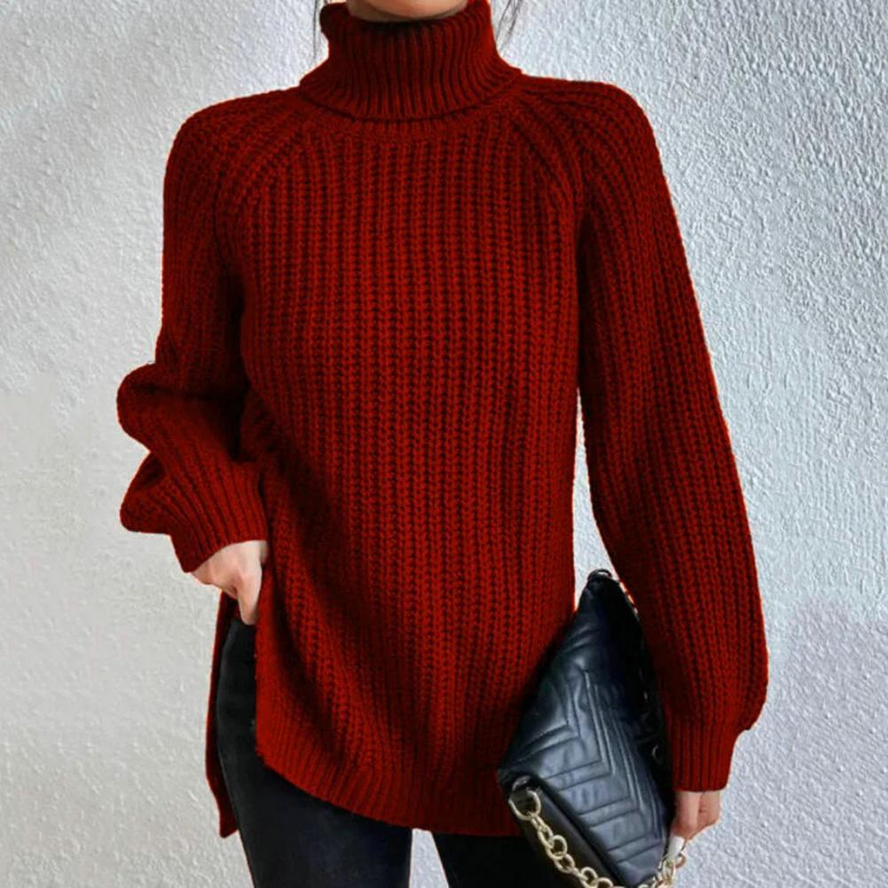 Women’s Turtleneck Sweater – Ribbed Wool Knit – Loose Fit – Long Sleeve Pullover