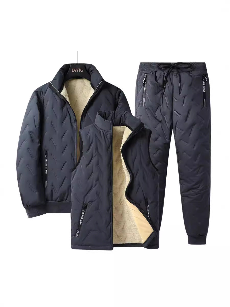 Men’s Three-Piece Set – Quilted Jacket Vest and Trousers – Wool Lined – Casual Fit