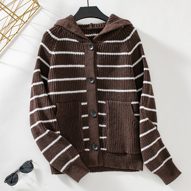 Women’s Hooded Cardigan Sweater – Relaxed Fit – Knit – Ribbed – Striped – Button Front