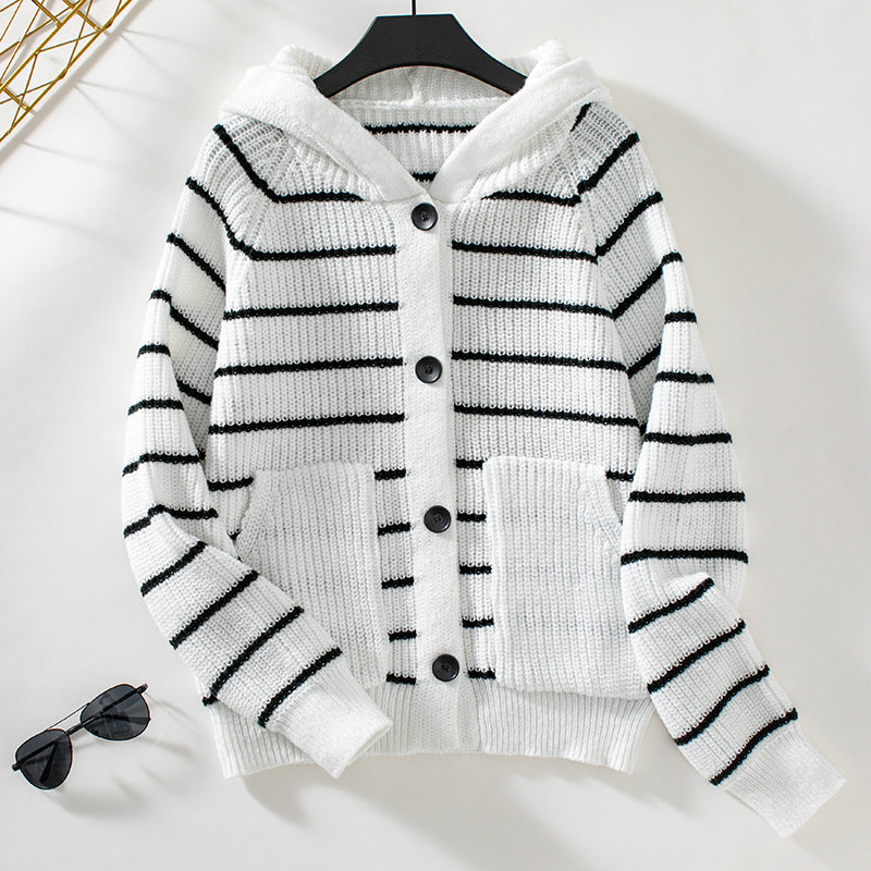 Women’s Hooded Cardigan Sweater – Relaxed Fit – Knit – Ribbed – Striped – Button Front