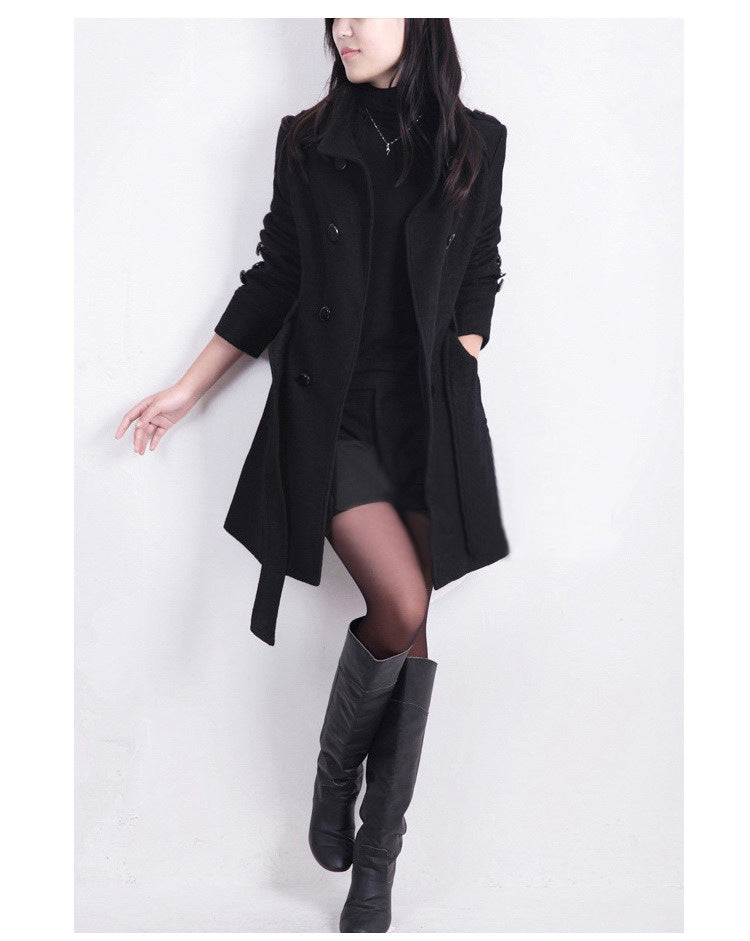 Women’s Long Coat – Wool Blend – Tailored Fit – Belted Waist – Double-Breasted